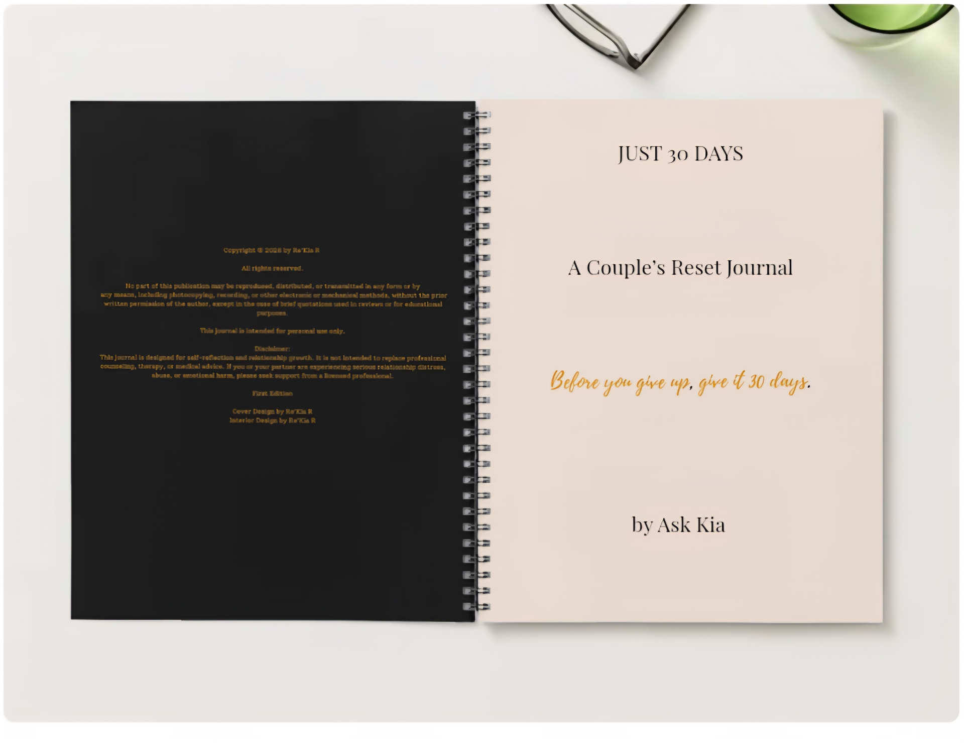 Journal open showing Just 30 Days pages