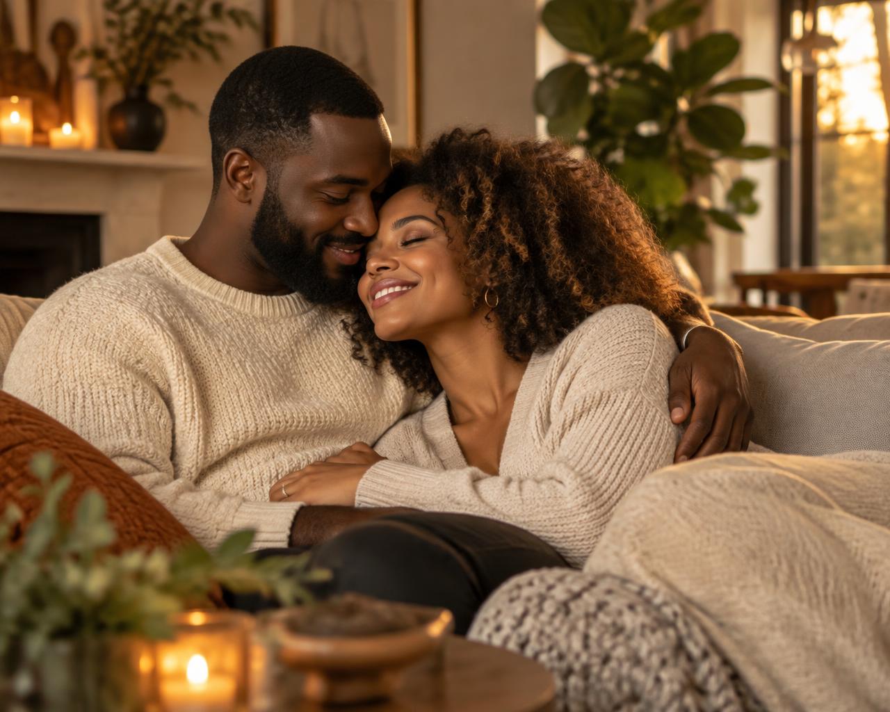 A couple embracing and smiling together on the sofa