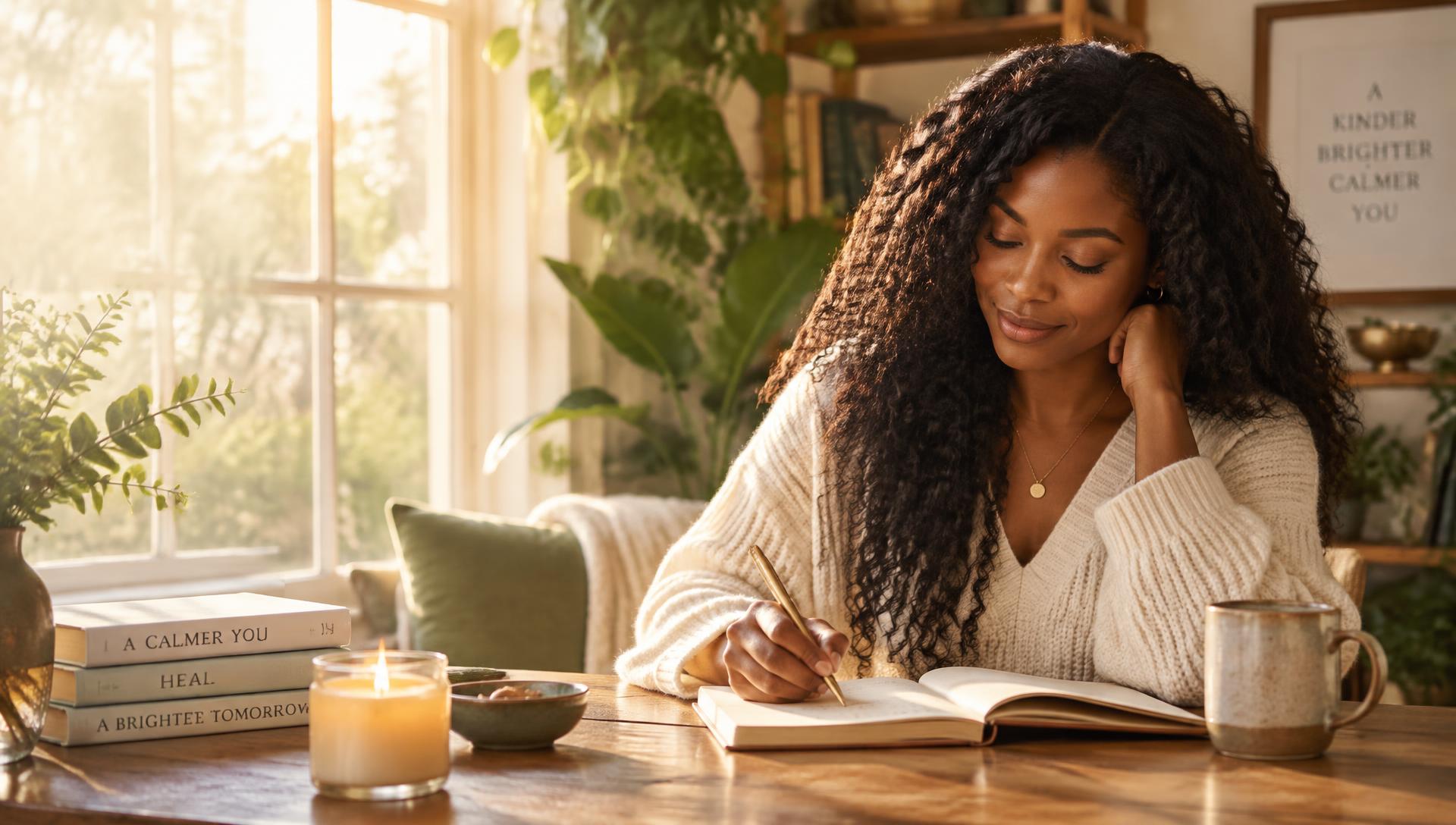 A woman writing in her journal at a sunlit table in a warm cream room