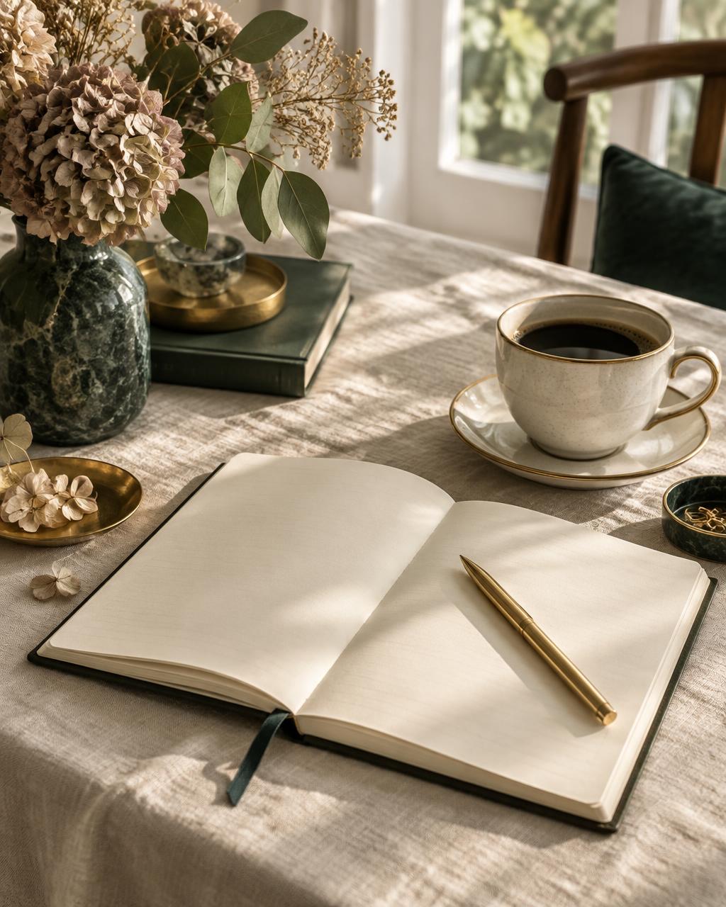 An open journal and gold pen beside a cup of coffee in soft morning light